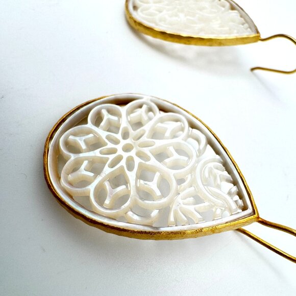 Vermeil 925 Sterling Silver Teardrop Earrings Mother Of Pearl Lasercut Inlay - Picture 7 of 8